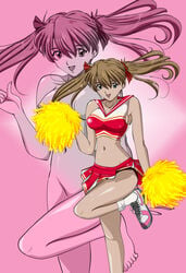 alternate_hairstyle asuka_langley_sohryu bare_shoulders blue_eyes breasts brown_hair cheerleader clothing feet footwear gentoku hair hair_ribbon high_resolution large_breasts leg_up long_hair midriff miniskirt navel neon_genesis_evangelion nipples nude open_mouth panties pom_poms ribbon shoes sideboob skirt smile sneakers socks sparkle tied_hair twintails zoom_layer