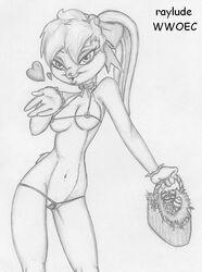 anthro breasts clothes female female_only front_view fur furry furry_breasts furry_ears greyscale hair heart holding lola_bunny long_ears looney_tunes mammal monochrome rabbit raylude short_hair skimpy_clothes smooth_skin solo space_jam standing tagme