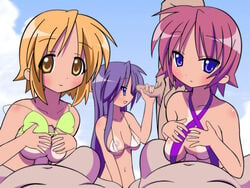 3boys 3boys3girls 3girls black_hair completely_nude handjob inori_hiiragi lucky_star matsuri_hiiragi miki_hiiragi mother_and_daughter orange_hair red_hair sisters tagme titjob