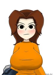 1girls angry big_breasts breasts dodo-bot female female_focus female_only huge_breasts looking_at_viewer mii mii_gunner mii_gunner_(smash_4) mob_face nintendo solo super_smash_bros. super_smash_bros._for_nintendo_3ds_and_wii_u sweater upset