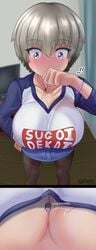 artist_name between_breasts blue_eyes blush cleavage clothed color female giantess huge_breasts kentaryu larger_female male micro sakurai_shinichi size_difference smaller_male standing text uzaki-chan_wa_asobitai! uzaki_hana white_hair