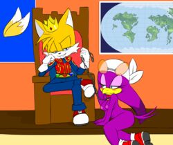 anthro avian bird canid canine chains chair clothed clothed/nude clothed_male_nude_female clothing collar crown duo emperor female flag fox furniture hi_res hirundinid male male/female mammal map master/pet mobian_(species) nude oscine passerine predator/prey royalty sega slave smile sonic_(series) sonic_riders sonic_the_hedgehog_(series) swallow_(bird) tails tenshigarden throne wave_the_swallow whitewhiskey