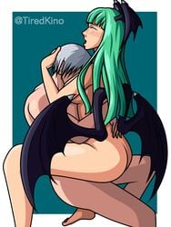 1boy 1boy1girl 1girls bat_wings breast_smother cowgirl_position crossover crossover_pairing dante darkstalkers devil_may_cry devil_may_cry_3 face_between_breasts face_in_breasts green_hair mastery_position medium_breasts morrigan_aensland motorboating silver_hair smothering_breast succubus tiredkino wings