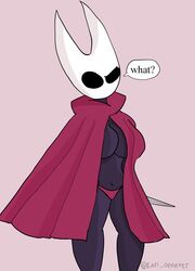 1girls black_eyes breasts cloak confused hollow_knight hornet_(hollow_knight) huge_breasts karlometer panties partially_nude unaware underwear