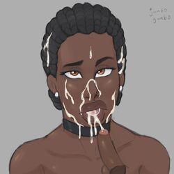 1boy 1girls after_oral brown_eyes brown_hair cum cum_in_mouth cum_on_face cum_on_hair dark-skinned_female dark-skinned_male emotionless expressionless facial hair_bun jumbogumbo melusi_(rainbow_six) naked national_personification open_mouth oral penis rainbow_six rainbow_six_siege tagme thick_lips tied_hair tom_clancy