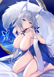 1girls animal_ear_fluff animal_ears azur_lane bare_shoulders blue_butterfly blue_collar blue_dress blue_eyes breasts bug butterfly cleavage collar dress evening_gown feather_boa female female_only fox_ears halter_dress halterneck highres indoors insects kitsune kyuubi large_breasts large_tail light-skinned_female light_skin long_hair multiple_tails nipples no_panties official_alternate_costume sakura_empire_(azur_lane) shinano_(azur_lane) shinano_(dreams_of_the_hazy_moon)_(azur_lane) sigma_rio silver_hair sleeveless sleeveless_dress solo tail very_long_hair white_tail