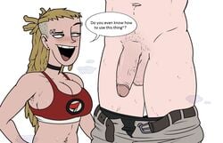 1boy 1girls 420 anita_(hellonearthiii) antifa belt black_choker blonde_hair cleavage crop_top english_text faceless_male female female_focus flaccid flaccid_penis hellonearthiii male/female original pants_down penis speech_bubble uncensored