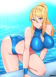 1girls alternate_breast_size ass big_ass big_breasts blonde_hair blue_eyes breasts cleavage female female_only human human_only kaos_art large_breasts metroid mole mole_under_mouth nintendo pool samus_aran shiny_hair shiny_skin solo sportswear swimsuit thighs water wrist_cuffs