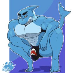 abs anthro bulge bull_sharkowski cartoon_network clothing fish genital_outline looking_at_viewer male male_only marine my_gym_partner's_a_monkey penis_outline shark simple_background solo the_purple_wolf_guy thong underwear