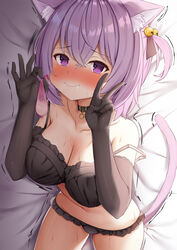 1girls animal_ears animal_tail armwear blush cat_ears cat_girl cat_tail catgirl collar collarbone condom cum cum_in_condom female female_focus hololive hololive_gamers hololive_japan kemonomimi kusana_(dudqja602) lingerie looking_at_viewer nekomata_okayu nekomimi peace_sign purple_eyes purple_hair tagme tail trembling underwear underwear_only used_condom virtual_youtuber