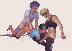 3boys abs anal anal_penetration anal_sex barefoot blonde_hair blowjob bottomless clothed erection fellatio fuck_and_suck gay green_hair hitoshi_shinso holding_penis izuku_midoriya katsuki_bakugou licking_penis light_skin male male/male male_only male_penetrating my_hero_academia oral_sex pants_around_one_leg pants_down partially_clothed precum_drip purple_hair shirt_up spacenipnops spitroast suck_and_fuck threesome toned yaoi