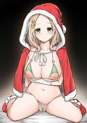 bikini blonde_hair breasts christmas cleavage collarbone commentary_request curvy_body eyebrows_visible_through_hair female foifoi_(marfoyfoyfoy) food_themed_hair_ornament full_body gloves green_bikini green_eyes hair_ornament hairclip highres hood large_breasts looking_at_viewer mole mole_on_breast navel nipples original pineapple-chan_(foifoi) pineapple_hair_ornament red_footwear red_hood shoes short_hair sitting solo swimsuit white_gloves