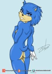 2020 absurd_res anthro ass black_nose blue_body blue_eyes eulipotyphlan female genitals hedgehog hi_res looking_at_viewer mammal mobian_(species) mtf_crossgender nipple_piercing nipple_ring nipples piercing pussy rule_63 sega simple_background solo sonic_(series) sonic_the_hedgehog sonic_the_hedgehog_(series) sonique_the_hedgehog white_background zoobastik