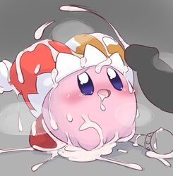 adorable anthro ashamed blue_eyes blush cum cum_in_mouth cum_on_body cum_on_feet cum_on_hand cumshot cute cute_face hat kirby kirby_(series) nervous nintendo penis pink_body pink_skin poi_(artist) red_feet tear tears wand