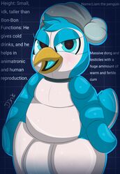 1boy animatronic anthro avian beak big_penis blue_body blue_eyes blue_fur blue_tongue blueprint chubby chubby_anthro chubby_male cropped eyelashes fan_character five_nights_at_freddy's flaccid fur furry half-closed_eyes hat huge_cock liam_the_penguin male_only original_character penguin penis plushtrapboyuwu robot sister_location slightly_chubby smile solo_focus tease text thick_legs thick_penis thick_thighs tongue video_games