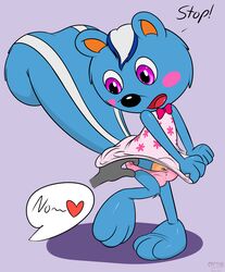 animal_crossing anthro blue_body blue_fur bottomwear clothed clothing cpctail crossdressing dialogue filbert_(animal_crossing) fur genitals hi_res male mammal nintendo open_mouth panties panties_pulled_down paws penis rodent sciurid skirt speech_bubble underwear video_games