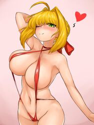 1girls big_breasts blonde_hair blush curvy fate/extra fate/grand_order fate_(series) green_eyes hair_ribbon heart huge_breasts looking_at_viewer nero_claudius_(fate) nero_claudius_(swimsuit_caster) one_arm_up sling_bikini steaming_tofu steamingtofu wink