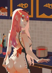 1girls apron ass cleaver hadaka_apron hololive hololive_english hololive_myth kitchen long_hair looking_at_viewer looking_back mori_calliope naked_apron parted_lips pink_eyes pink_hair plushie pot takanashi_kiara tiara virtual_youtuber