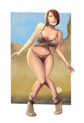 1girls bocas_top brown_eyes brown_hair cavewoman cleavage desert large_breasts loincloth looking_at_viewer original original_character short_hair tom_wlod voluptuous wasteland