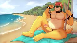 5_fingers 5_toes absurd_res anthro anthro_only armband bara beach beard blue_sky bowser bracelet claws clothing cock_ring collar eyebrows eyewear eyewear_only facial_hair feet fingers genitals hair hi_res horn jewelry koopa male male_only mario_(series) nintendo nude palm_tree penis plant red_eyes red_hair reptile sand scalie sea seaside shell-less sky slightly_chubby solo spiked_armband spiked_bracelet spiked_collar spikes sunglasses sunglasses_only thick_eyebrows toes towel tree umbrella vein veiny_penis video_games water yellow_body yumi_sakato