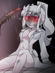 1girls aemnaka azazel_(helltaker) bangs blush breasts cleavage demon_girl eyebrows_raised eyebrows_visible_through_hair female female_focus glasses goggles helltaker horns labcoat long_hair looking_at_penis loremaster_(helltaker) no_bra no_pants owo3181 penis penis_shadow ponytail prosthetic prosthetic_arm red-tinted_eyewear red_eyes sunglasses tagme tied_hair tinted_eyewear visor white_hair