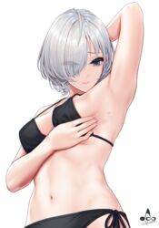 arm_up armpits bangs bare_arms bikini black_bikini breasts bug_bite closed_mouth cowboy_shot female from_side grey_hair hair_over_one_eye highres infinote looking_down medium_breasts nail_polish navel original pink_nails sashou_mihiro shiny shiny_hair short_hair side-tie_bikini signature silver_hair simple_background smile solo stomach swimsuit white_background