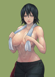 1girls absurdres attack_on_titan black_hair blue_eyes breasts casual cirenk cleavage cowboy_shot female female_only female_solo green_background highres human large_breasts light-skinned_female mikasa_ackerman navel no_bra pale_skin shingeki_no_kyojin shiny shiny_skin short_hair simple_background solo tomboy topless topless_female towel towel_over_breasts