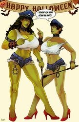 2020 2girls alien_girl bare_legs bare_midriff big_breasts capcom cleavage collar cosplay crop_top female female_only final_fight green_body green_hair green_skin halloween hat high_heels huge_breasts hulk_(series) human jazinda jean_shorts large_breasts marvel marvel_comics multiple_girls poison_(final_fight)_(cosplay) ramartwork riding_crop she-hulk short_shorts simple_background skrull tagme