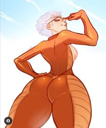 2d adjusting_eyewear adjusting_glasses apex_legends ass breasts brown-tinted_eyewear exposed_breasts female glasses human ilewdha looking_back looking_down orange-tinted_eyewear sideboob skin_tight smirk smug solo sunglasses tinted_eyewear valkyrie_(apex_legends) white_hair