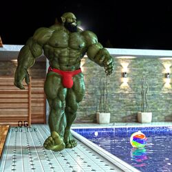 1boy 3d abs bald beard bulge facial_hair green_skin humanoid male male_nipples male_only male_thong muscular_male og_idk orc orc_male penis_bulge smooth_skinned_male softcore solo swimming_pool swimsuit tusks veiny_muscles