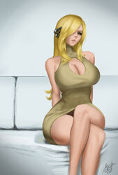 1girls alternate_breast_size big_breasts blonde_hair breasts cleavage_cutout curvy_figure cynthia_(pokemon) eye_contact female hair_ornament huge_breasts light-skinned_female looking_at_viewer mature_female moonlen-jack nintendo pokemon pokemon_dppt sitting solo solo_female thick_thighs