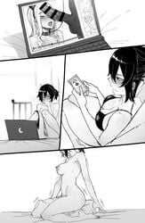 1boy 2girls alex_(ratatatat74) bed blush bra censored computer dark-skinned_male dark_skin female interracial laptop lingerie male masturbation monochrome original penis penis_awe phone queen_of_spades ratatatat74 spade