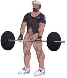 1boy bara big_penis clothed erection exercise exercise_equipment fermrviper flexing gay white_hair yaoi