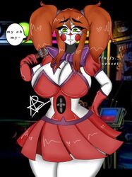 baby_(fnafsl) big_breasts bowtie circus_baby circus_baby_(fnaf) cleavage five_nights_at_freddy's five_nights_at_freddy's:_sister_location five_nights_in_anime giant_breasts green_eyes logo looking_at_viewer red_skirt sister_location skirt solo text text_bubble thick_thighs xfluffysenseix