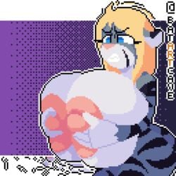 1girls animated annoyed anthro batartcave blonde_hair blue_eyes breast_hold claire_(pelao0o) female female_only furry gif grabbing_own_breast grey_fur huge_areolae huge_breasts lactation looking_down loop milking pixel_art purple_background solo stripes tagme tiger transparent_background white_outline