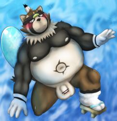 2021 anthro balls belly big_balls blush brown_body brown_fur canid canine clothing flaccid footwear fur genitals hi_res humanoid_genitalia humanoid_hands humanoid_penis kemono live-a-hero male mammal moobs nipples overweight overweight_anthro overweight_male penis raccoon_dog sandals shoen solo tanuki video_games yom_mido_plus