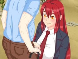 1girls 1male animated breasts clothed_female clothed_male clothing cum cum_in_mouth english_text foreskin game_cg handjob mp4 no_sound old_man older_male penis red_hair school_uniform slice_of_venture_2 text uncensored uncircumcised uncut video wrinkles