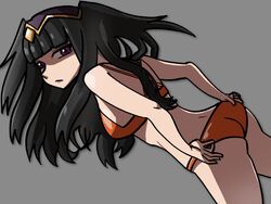 1girls alternate_costume ass bikini black_hair female fire_emblem fire_emblem_awakening lipstick long_hair looking_back mnejing nintendo orange_bikini orange_swimsuit purple_eyes sideboob solo solo_female tharja_(fire_emblem) white_skin