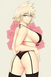 1girls ass bare_arms bare_back bare_shoulders big_breasts blonde_hair bra breasts busty female female_only garter_belt garter_straps hi_res highres large_breasts legwear looking_at_viewer looking_back milf mitsuki_bakugou my_hero_academia panties red_eyes shiny shiny_skin short_hair solo stockings thick_legs thick_thighs thighs tsuki_riven underwear