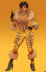 1girls african african_female black_hair breasts breasts_out dark-skinned_female dark_skin dc female high_heels lowres mari_jiwe_mccabe no_bra pasties ramartwork solo solo_female superheroine tagme tiger_stripes vixen_(dc) yellow_eyes