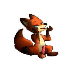 1boy absurd_res anthro balls bodily_fluids canid canine cum cum_on_balls cum_on_penis disney fox fuzefurry genital_fluids genitals hi_res knot male male_only mammal nick_wilde penis sitting solo tagme zootopia