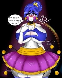 background ballora ballora_(fnafsl) ballora_(fnia) big_breasts blue_hair blushing cleavage cleavage_cutout five_nights_at_freddy's five_nights_at_freddy's:_sister_location five_nights_in_anime giant_breasts hair_bun looking_at_viewer sister_location text text_bubble thick_thighs thighhighs tutu xfluffysenseix