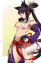 absurdres armor bangs bare_shoulders black_hair blue_eyes blue_panties blush breasts commentary_request detached_sleeves fate/grand_order fate_(series) female from_side gradient gradient_background highres holding holding_sword holding_weapon jampen long_hair long_sleeves looking_at_viewer medium_breasts navel panties parted_bangs side_ponytail smile solo sword underwear ushiwakamaru_(fate) ushiwakamaru_(fate/grand_order) very_long_hair weapon