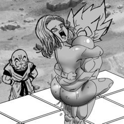 1girls 2boys android android_18 bald big_ass big_breasts cum cum_inside doompypomp dragon_ball dragon_ball_super dragon_ball_z goku huge_ass huge_breasts krillin kuririn monochrome muscular muscular_male no_eyewear ntr son_goku super_saiyan