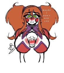 1boy 1boy1girl 1girls anon baby_(fnafsl) big_breasts blushing breasts circus_baby circus_baby_(fnaf) five_nights_at_freddy's five_nights_at_freddy's:_sister_location five_nights_in_anime giant_breasts green_eyes head_between_breasts orange_hair purple_bow red_cheeks sister_location straight talking text xfluffysenseix