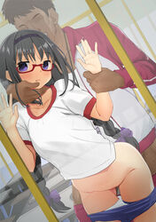 1boy 1girls against_glass against_wall akemi_homura anshinmama black_hair blush bottomless bottomless_female braid braided_hair braids buruma dark-skinned_male dark_skin eyeless eyeless_male eyewear female glasses gym_uniform hand_grab light-skinned_female light_skin mahou_shoujo_madoka_magica male megane older_male open_mouth panties pantsu panty_pull purple_eyes purple_ribbon pussy red-framed_eyewear red-framed_glasses red_glasses ribbon school schoolgirl sex smile straight young younger_female