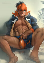 1boy appasart clothing dark_skin gay lifting_clothing looking_at_viewer male male_only muscular muscular_male open_clothes pokemon pokemon_ss raihan_(pokemon) shorts sitting smile smiling smiling_at_viewer solo spread_legs underwear