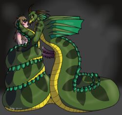 anthro_on_human big_breasts big_penis blonde_hair blue_grey_eyes blush coiling dated diphallia diphallism dominant_anthro dominant_male dominant_scalie fictional_species forked_tongue frontier golden_eyes green_scales hemipenes hidden_nipples highlights horned_reptile knotted_penis long_hair multi_penis naga nude penis precum reptile reptilian saliva_string scalie seductive_look shading signed striped_scales tongue_out trochili webbed_wigns wings yellow_eyes