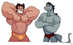 2boys bara biceps big_bulge big_muscles big_pecs black_hair brown_eyes brown_hair bulge chest_hair clothing dark-skinned_male dark_skin facial_hair flexing gay lizard long_hair male male_only muscle muscles muscular muscular_arms muscular_male nipples pecs rafael_diaz reptile smile star_vs_the_forces_of_evil tail tehbluebubble toffee_(svtfoe) triceps underwear white_background