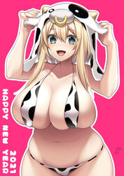 2021 arms_up big_breasts blonde_hair breasts cleavage collarbone cow_bikini cow_hat cow_print cow_print_bikini eyebrows_visible_through_hair female female female_focus female_only hair_between_eyes huge_breasts looking_at_viewer neneko113 new_year open_mouth open_mouth original original_character pink_background plump simple_background solo solo_female solo_focus suzuki_nene